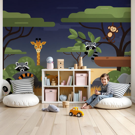 Safari animals mural wallpaper featuring giraffes and jungle friends in modern nursery by Kids-Mundo