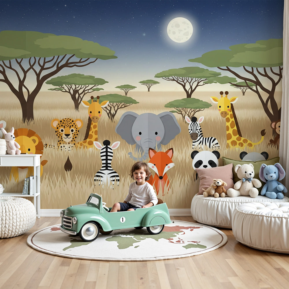 Safari animals mural wallpaper in modern nursery with natural wood furniture by Kids-Mundo