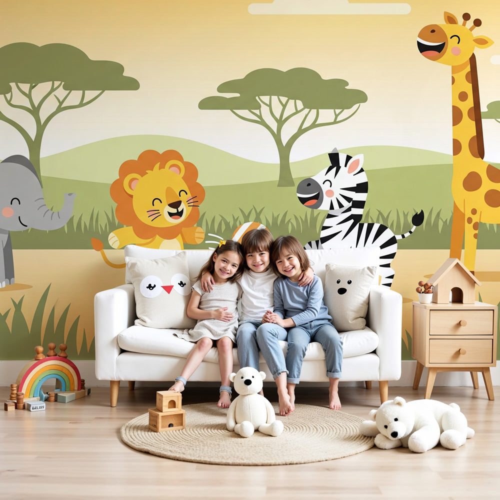 Safari animals mural wallpaper featuring lion, elephant, zebra and giraffe in modern nursery by Kids-Mundo