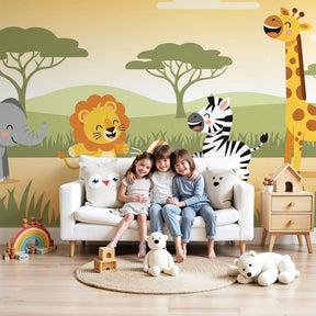 Safari animals mural wallpaper featuring lion, elephant, zebra and giraffe in modern nursery by Kids-Mundo