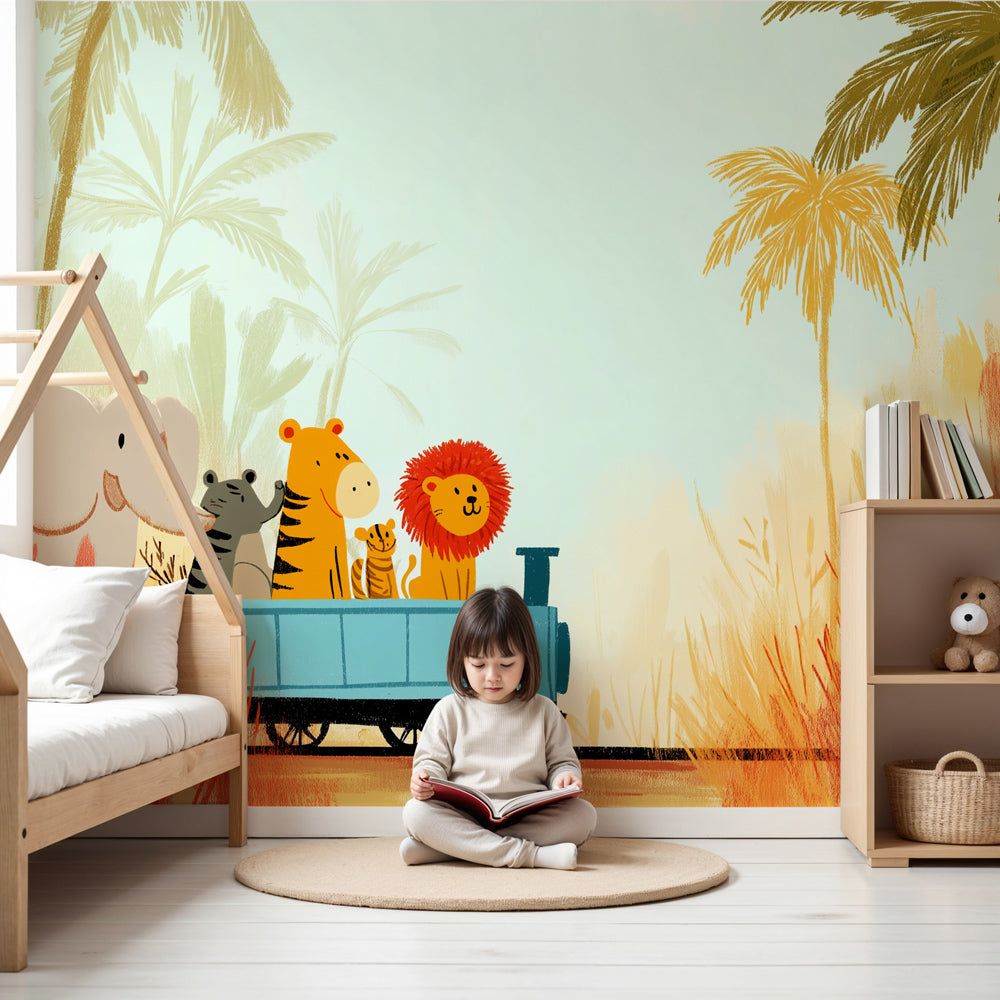 Safari animals mural wallpaper with elephant tiger lion in colorful kids nursery by Kids-Mundo