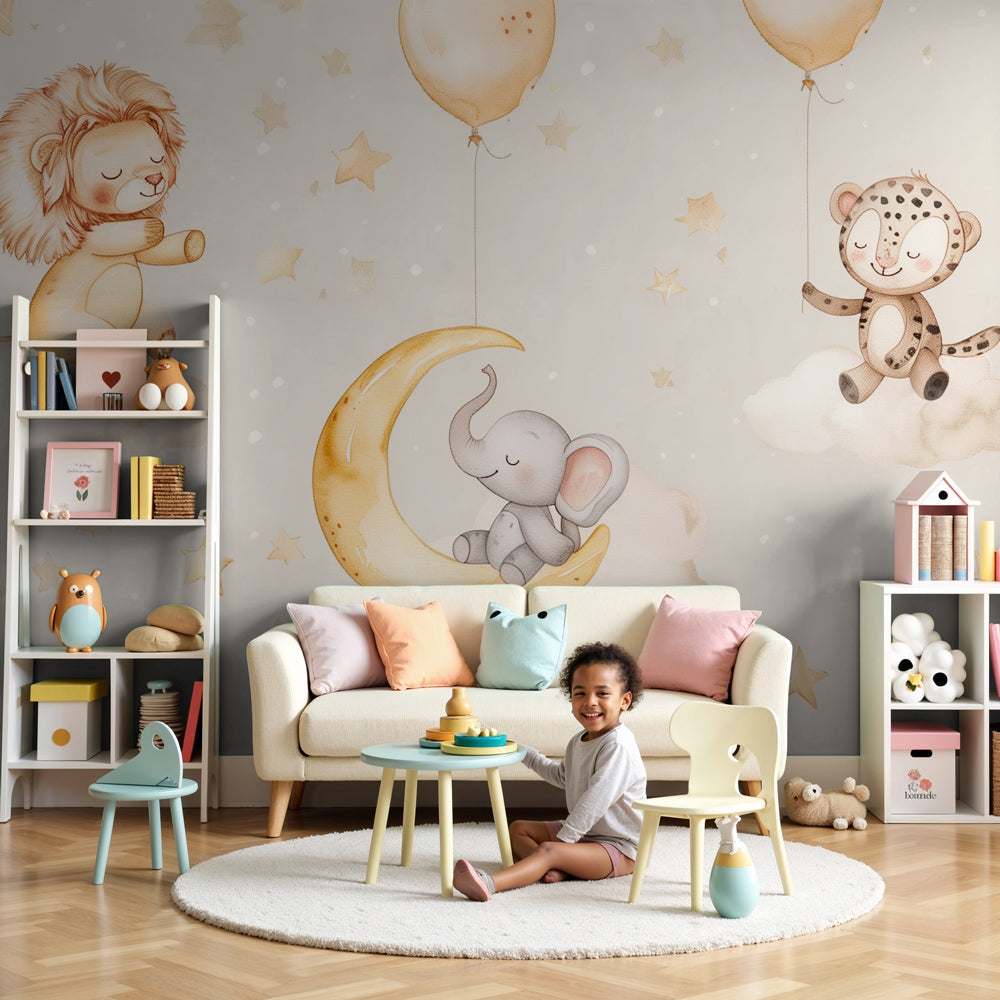 Safari animals mural wallpaper with clouds and stars in peaceful nursery setting by Kids-Mundo
