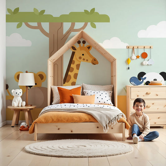 Safari animals mural wallpaper in modern nursery with wooden furniture by Kids-Mundo