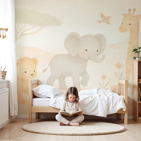 Safari animals mural wallpaper with pastel lion and elephant in modern nursery by Kids-Mundo