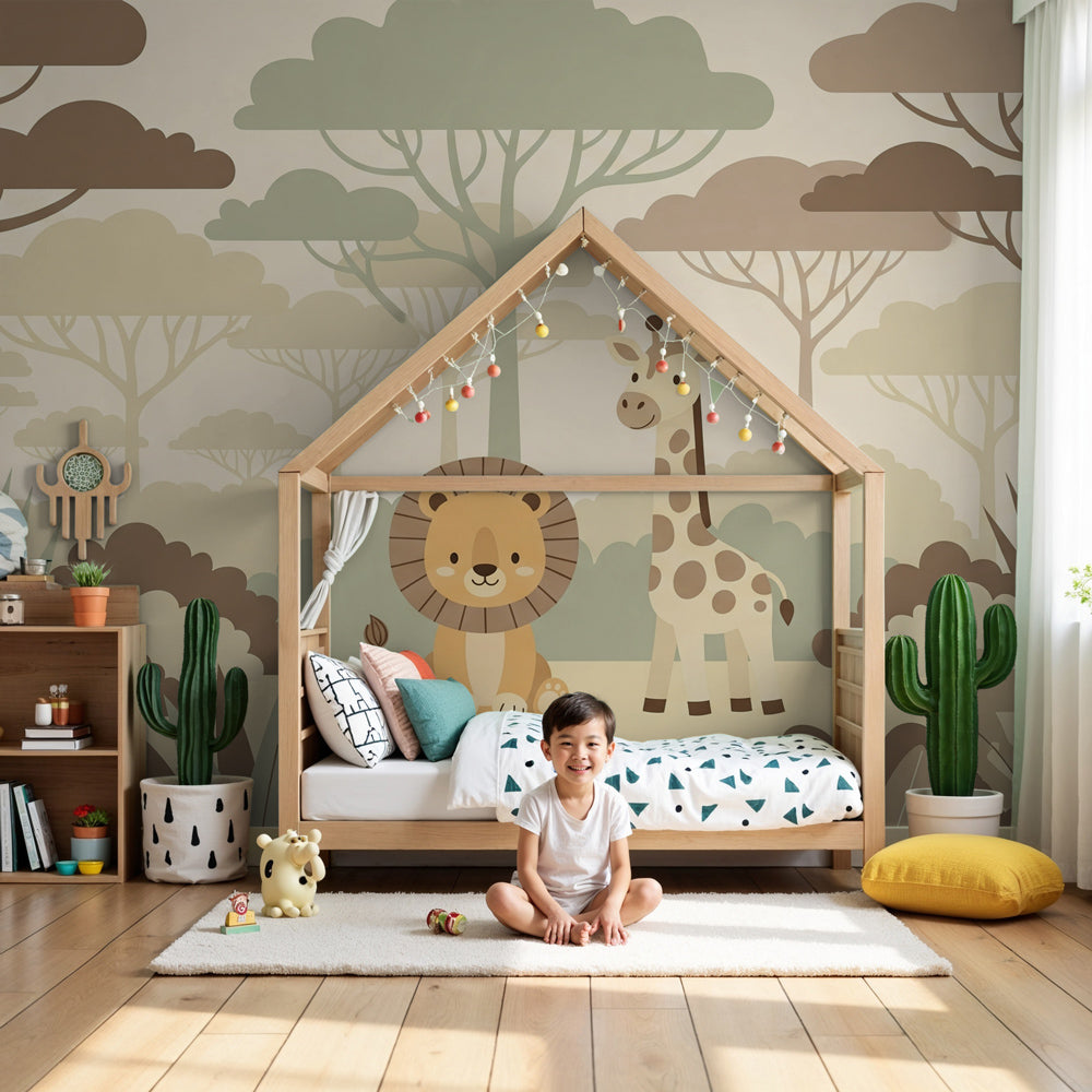 Safari animals mural wallpaper with friendly lion and giraffe in modern nursery by Kids-Mundo
