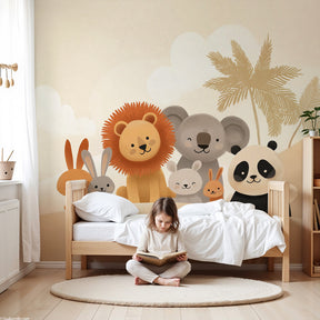 Safari animals mural wallpaper creating magical nursery decor with lion, panda and koala by Kids-Mundo