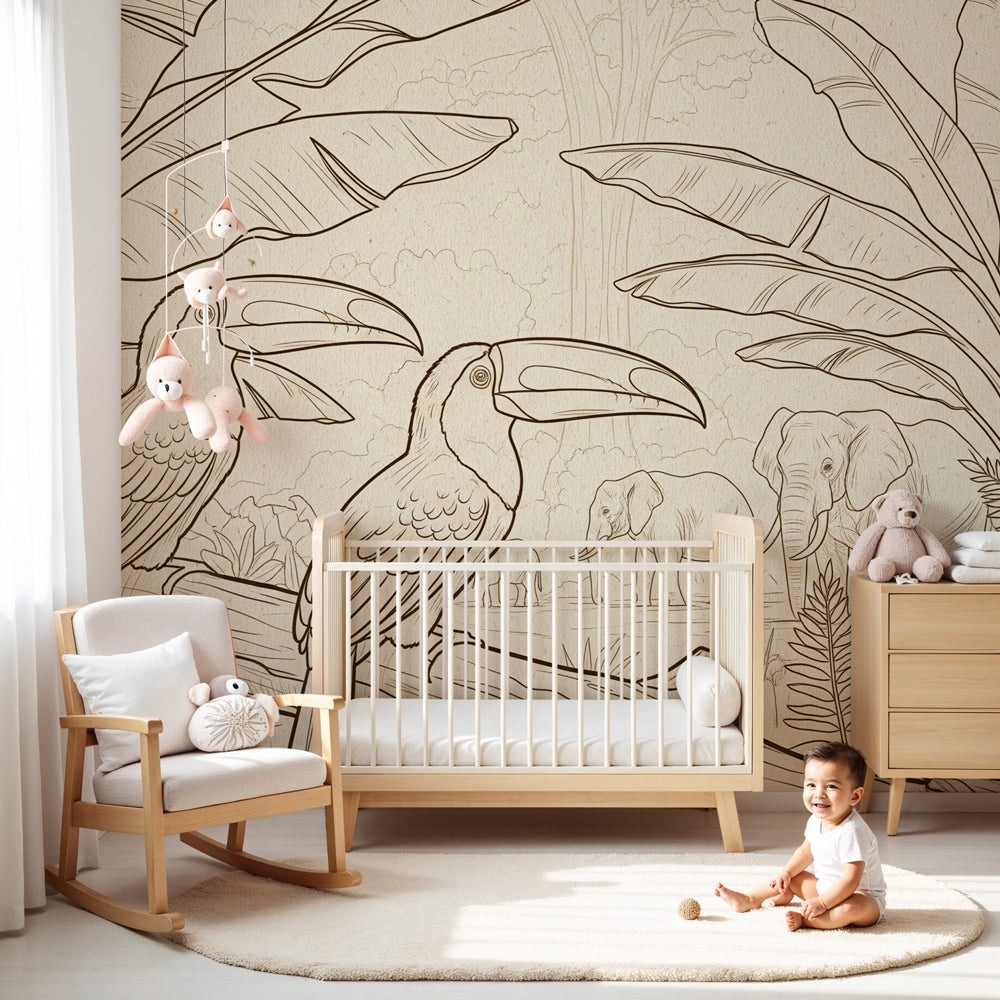 Safari animals mural wallpaper with toucans and elephants in modern nursery by Kids-Mundo
