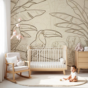 Safari animals mural wallpaper with toucans and elephants in modern nursery by Kids-Mundo