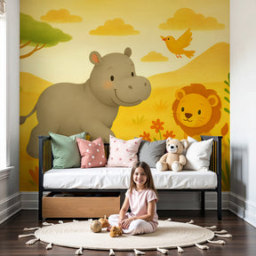 Safari animals mural wallpaper with hippo and lion creating magical nursery decor by Kids-Mundo