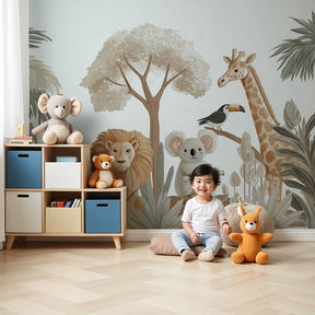 Safari animals mural wallpaper in modern nursery with tropical lion and koala design by Kids-Mundo