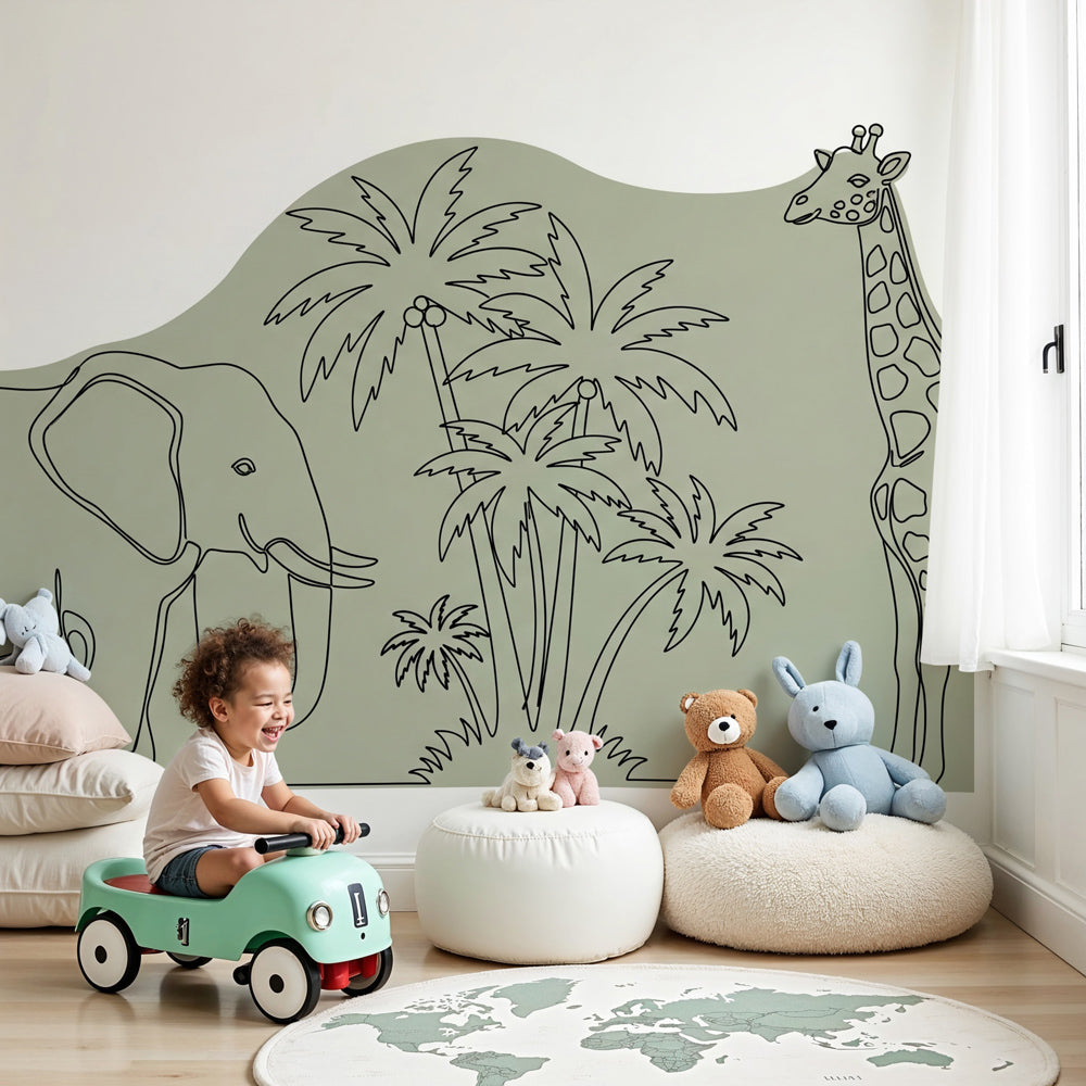 Safari animals mural wallpaper with elephant and giraffe in modern nursery by Kids-Mundo