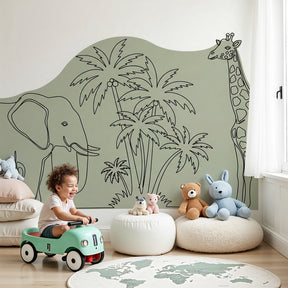 Safari animals mural wallpaper with elephant and giraffe in modern nursery by Kids-Mundo