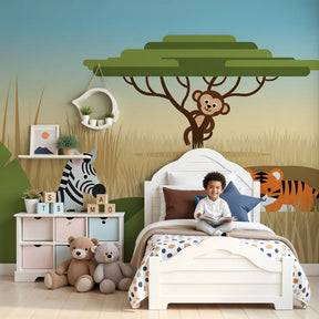 Safari animals mural wallpaper in modern nursery with zebra and tiger cub design by Kids-Mundo