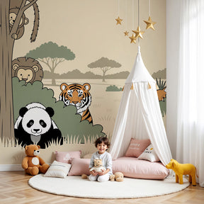 Safari animals mural wallpaper in modern nursery with wooden crib and natural decor by Kids-Mundo