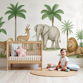 Safari animals mural wallpaper creating African adventure atmosphere in modern kids nursery by Kids-Mundo