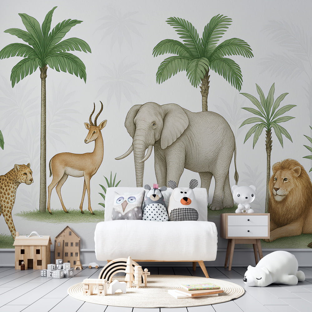 Safari theme mural wallpaper featuring tropical animals creating educational playroom environment