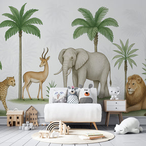Safari theme mural wallpaper featuring tropical animals creating educational playroom environment