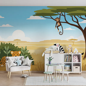Children's safari wallpaper featuring friendly animals in cozy playroom setting by Kids-Mundo