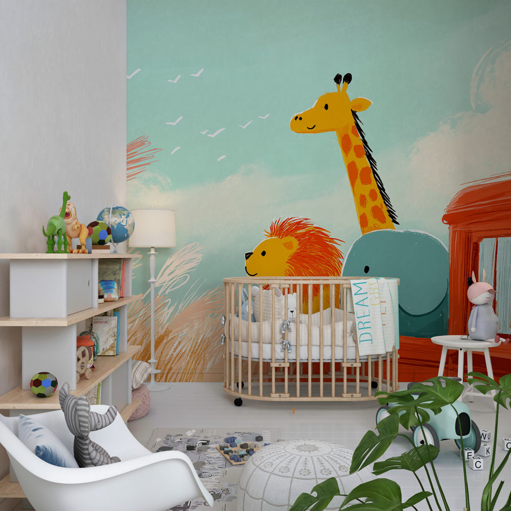 Children's safari animals wallpaper transforming bright playroom into African adventure space