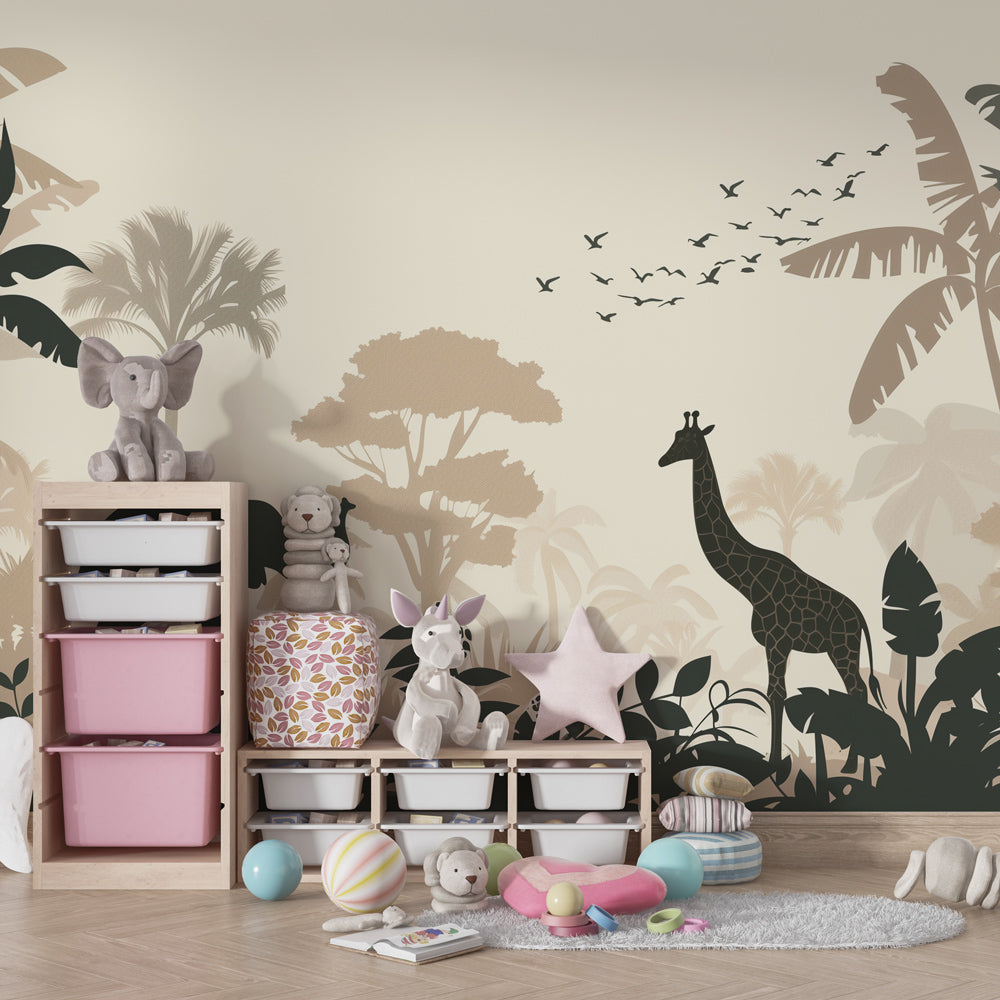 Multicolored safari mural wallpaper featuring elephants and giraffes in modern playroom setting
