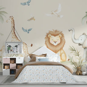 Enchanted safari animals wallpaper with lush foliage in bright kids playroom by Kids-Mundo