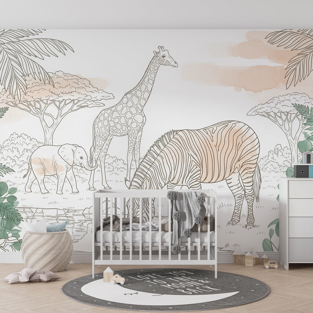 Safari theme mural wallpaper transforming children's playroom into African wildlife sanctuary