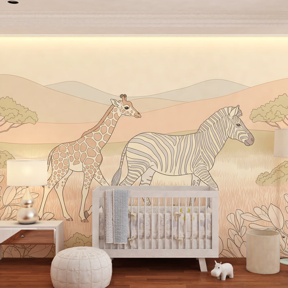 Safari themed mural wallpaper featuring gentle animals in modern kids playroom by Kids-Mundo