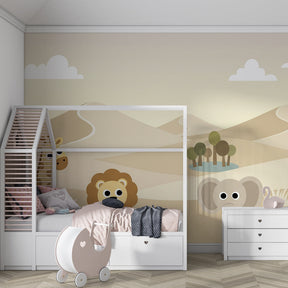 Safari theme mural wallpaper with friendly animals creating adventure space in kids playroom