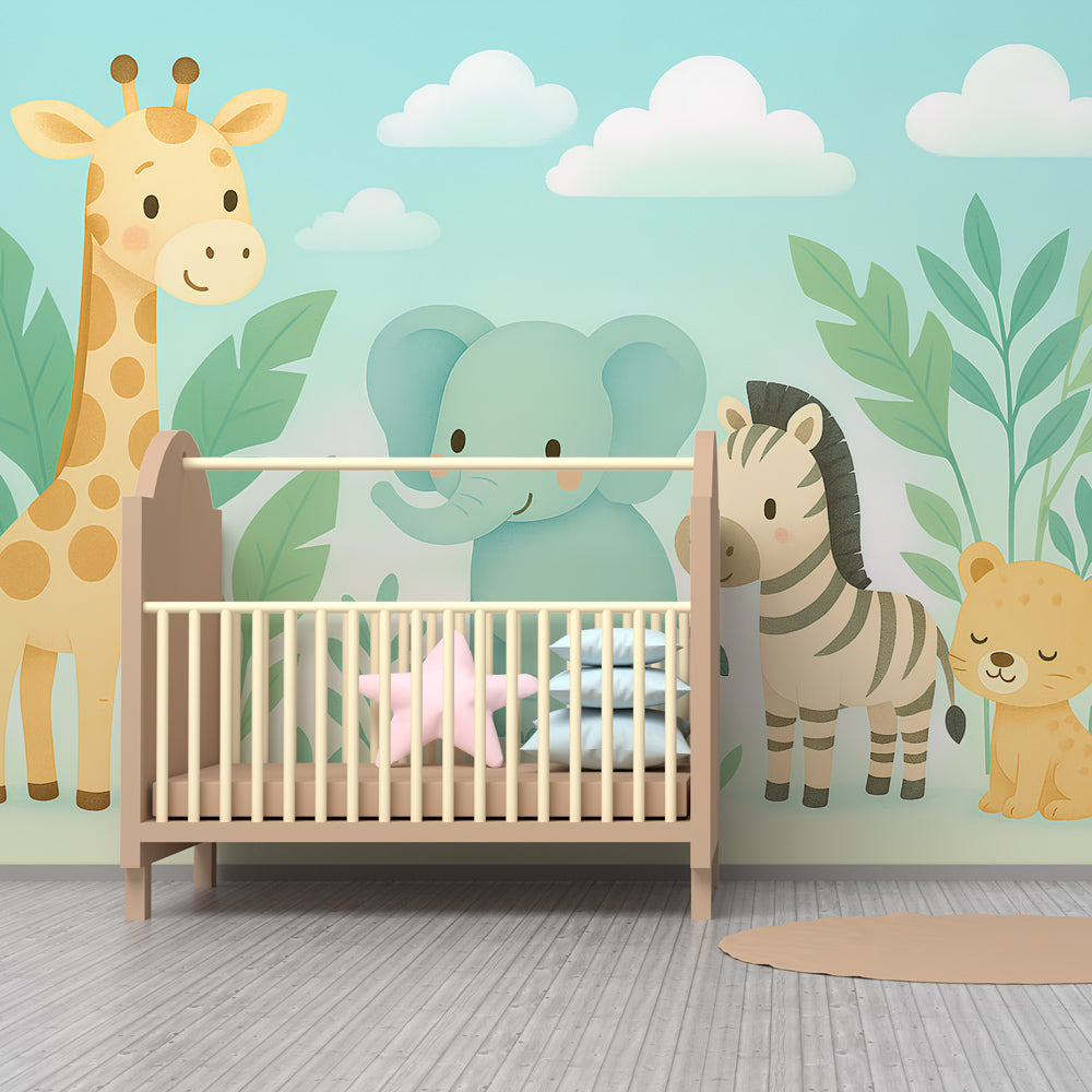 Children's safari wallpaper featuring elephant, giraffe and zebra in colorful playroom setting