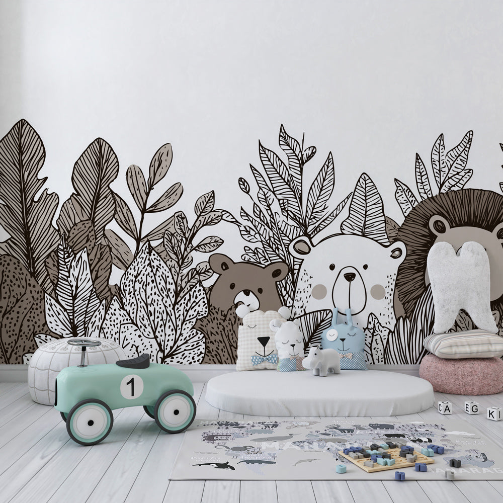 Safari animals wallpaper transforming children's playroom into jungle adventure space