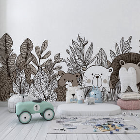 Safari animals wallpaper transforming children's playroom into jungle adventure space
