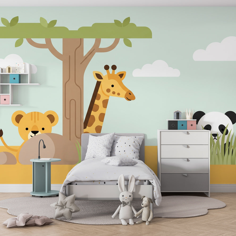Colorful safari mural wallpaper transforming children's playroom into jungle adventure
