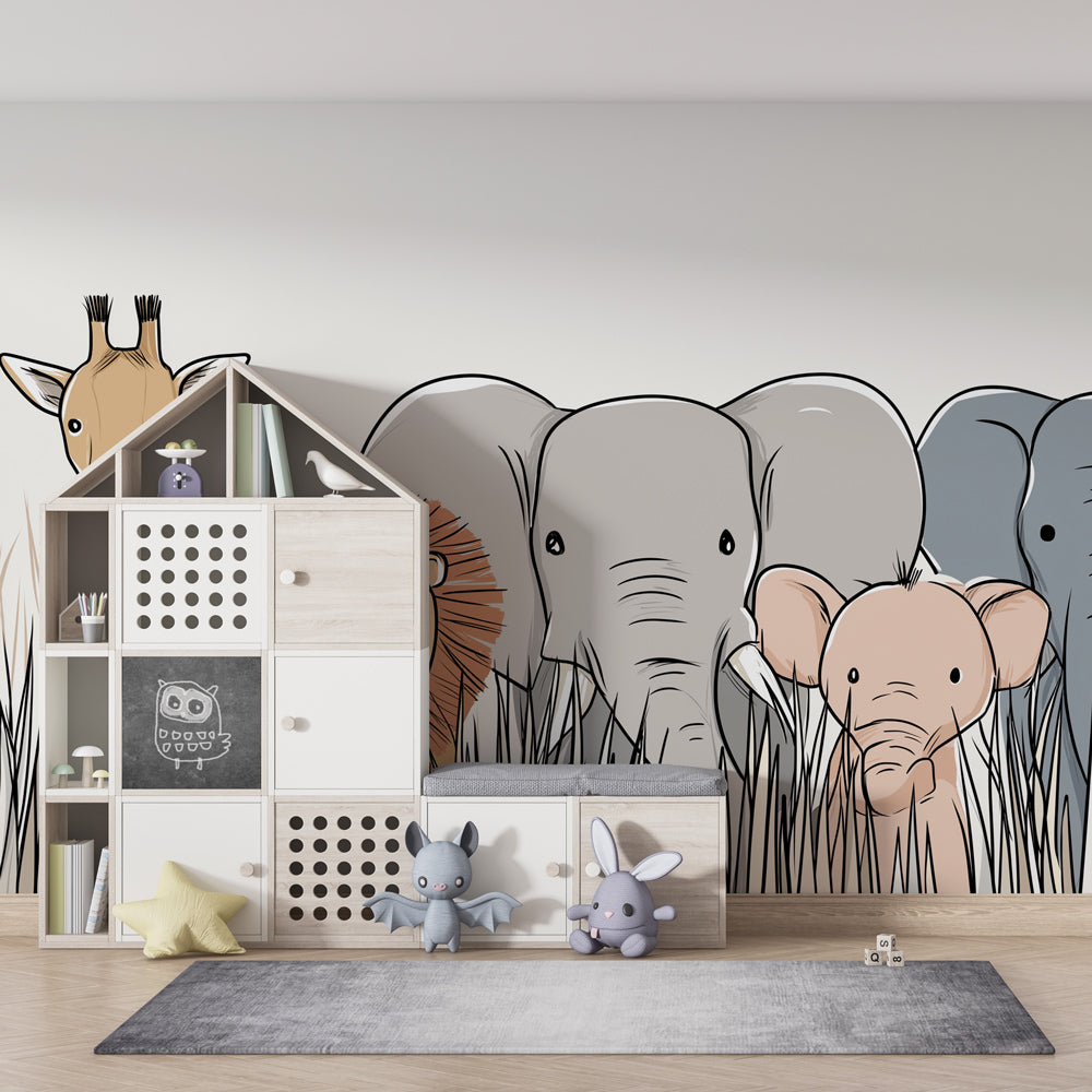 Wildlife themed mural wallpaper transforming kids playroom into savanna adventure space