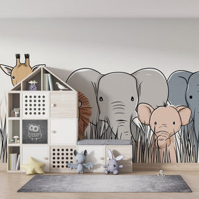 Wildlife themed mural wallpaper transforming kids playroom into savanna adventure space