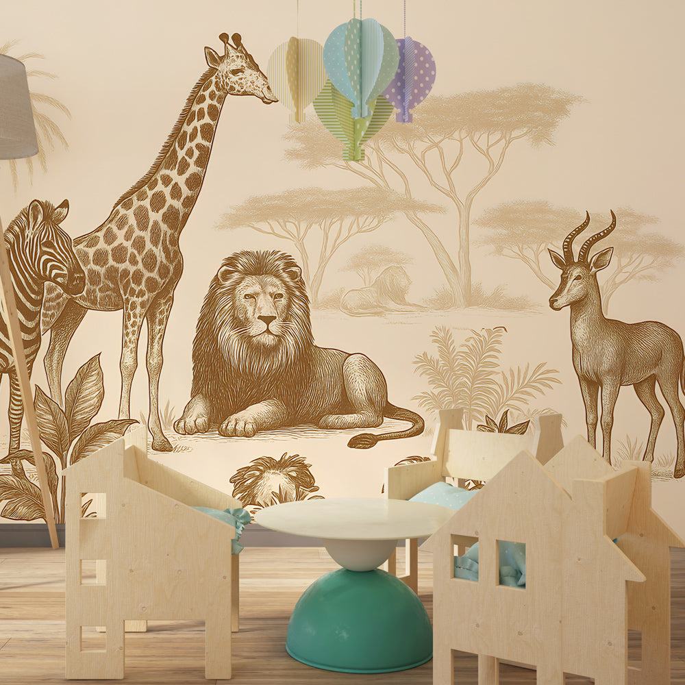 Wildlife mural wallpaper featuring savanna animals transforming children's playroom into safari adventure