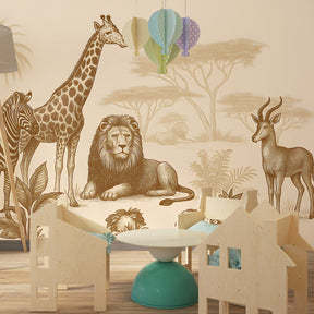 Wildlife mural wallpaper featuring savanna animals transforming children's playroom into safari adventure
