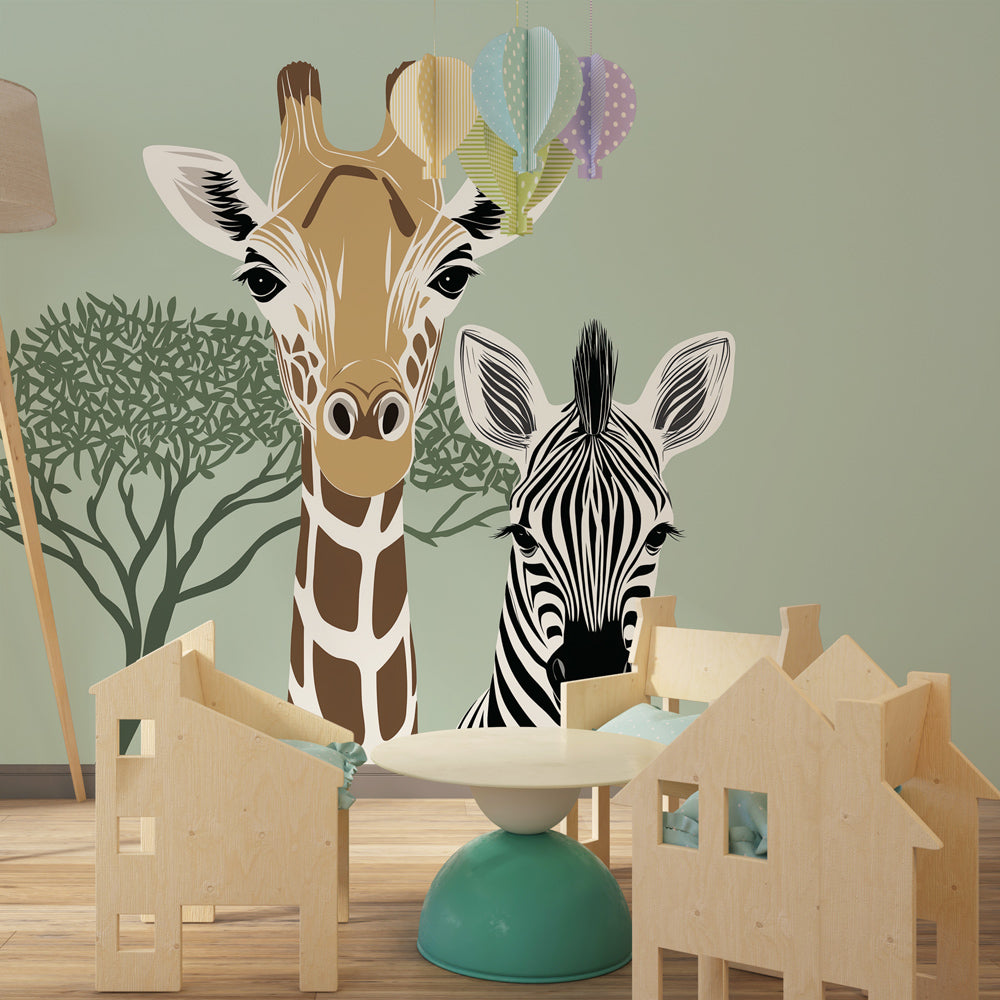 Safari themed mural wallpaper featuring African animals in kids playroom decor
