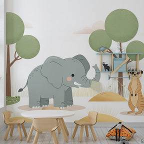 African safari wallpaper for kids playroom featuring friendly animals in green savanna setting