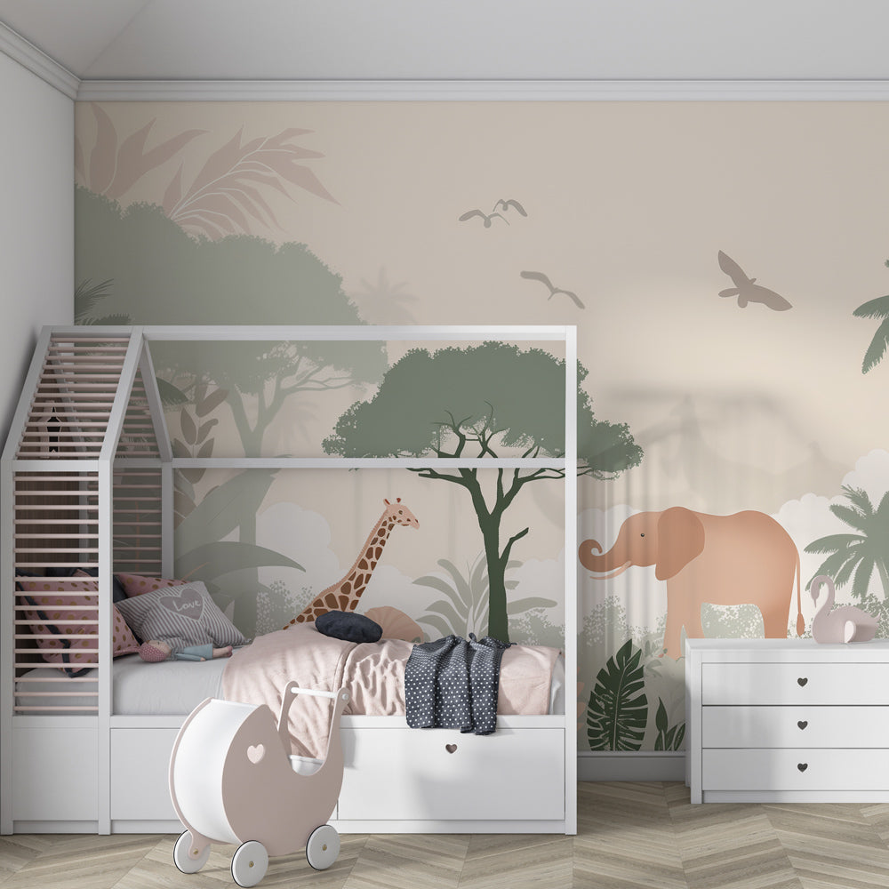 Watercolor safari mural wallpaper featuring elephants and giraffes in kids playroom setting