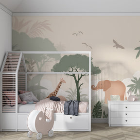 Watercolor safari mural wallpaper featuring elephants and giraffes in kids playroom setting