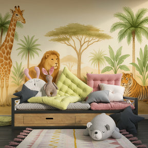 Safari adventure wallpaper transforming children's playroom with tropical animals and plants