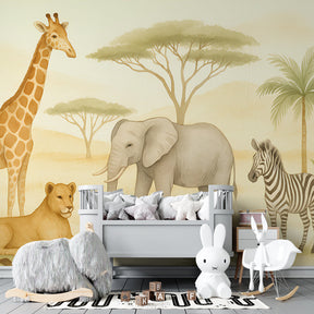 African safari themed mural wallpaper featuring lions and zebras in kids playroom