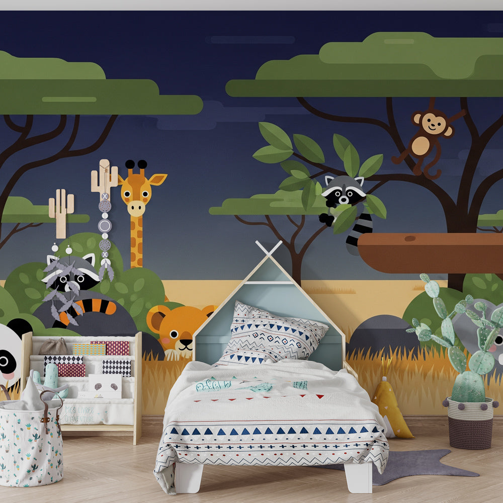 Colorful safari mural wallpaper with pandas and lions in cheerful kids playroom setting