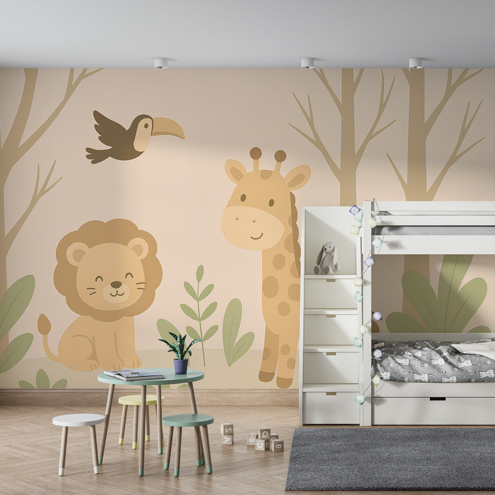 Safari themed mural wallpaper in children's playroom with soft beige and green tones