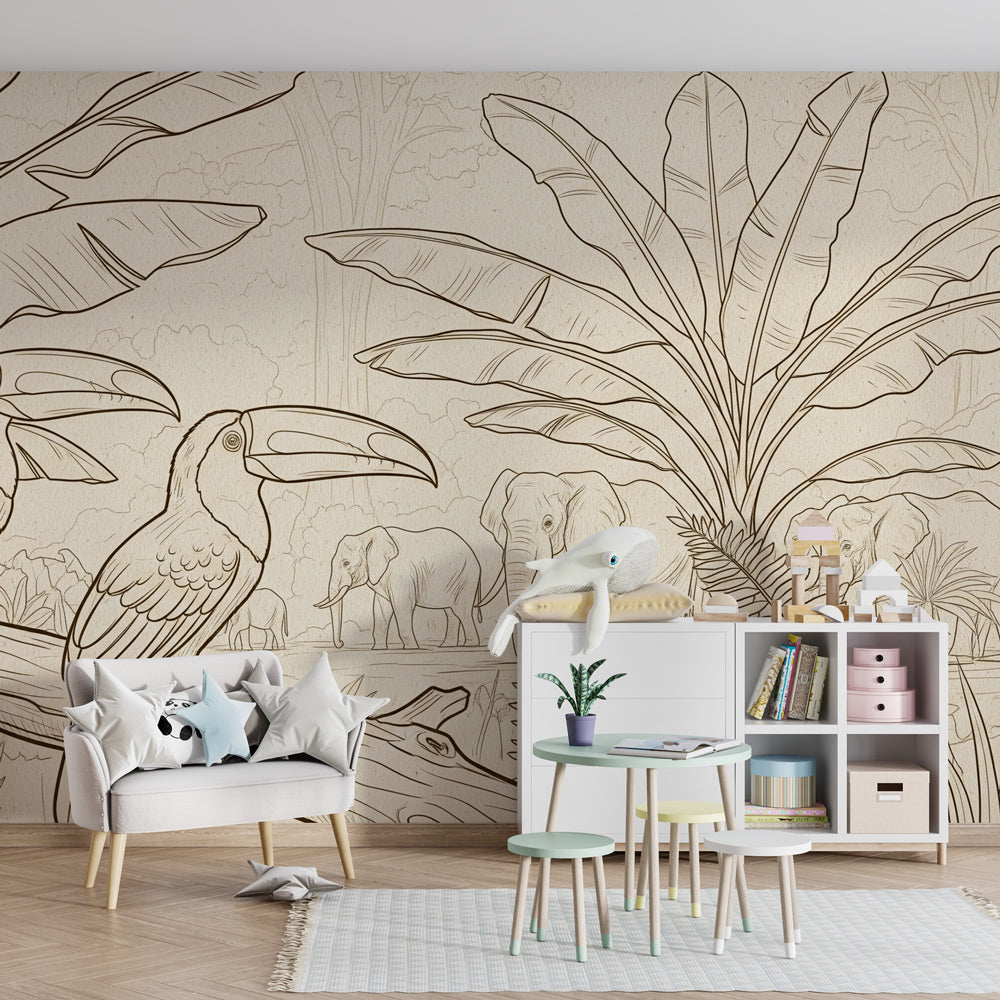 Toucan and elephant wallpaper transforming playroom into wildlife sanctuary