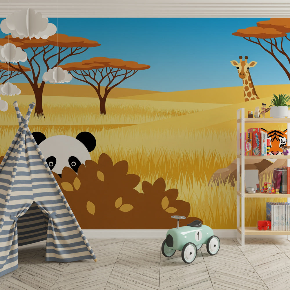 Playroom decorated with golden savanna animal wallpaper creating wild adventure atmosphere