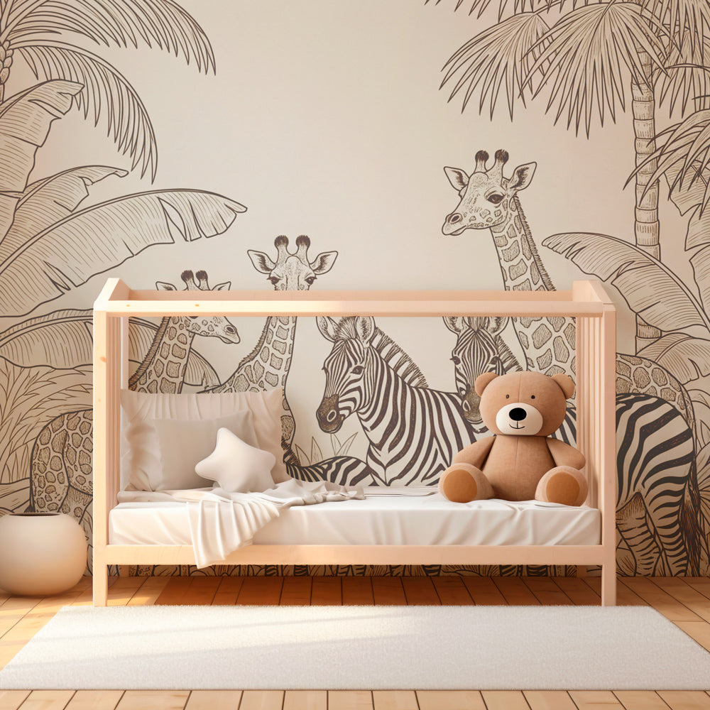 Tropical safari wallpaper featuring giraffes and zebras in children's playroom setting