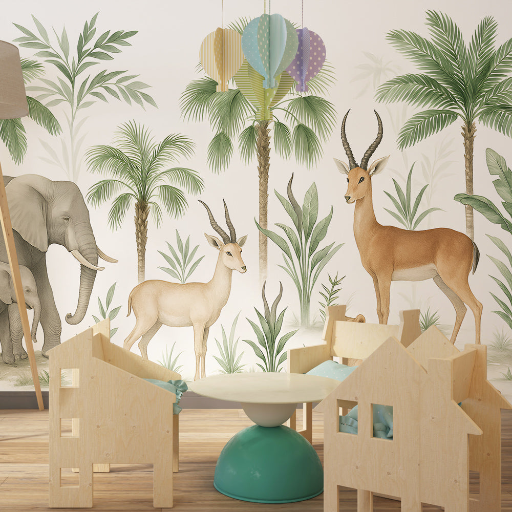 Jungle animals wallpaper featuring elephants and lions in children's playroom setting
