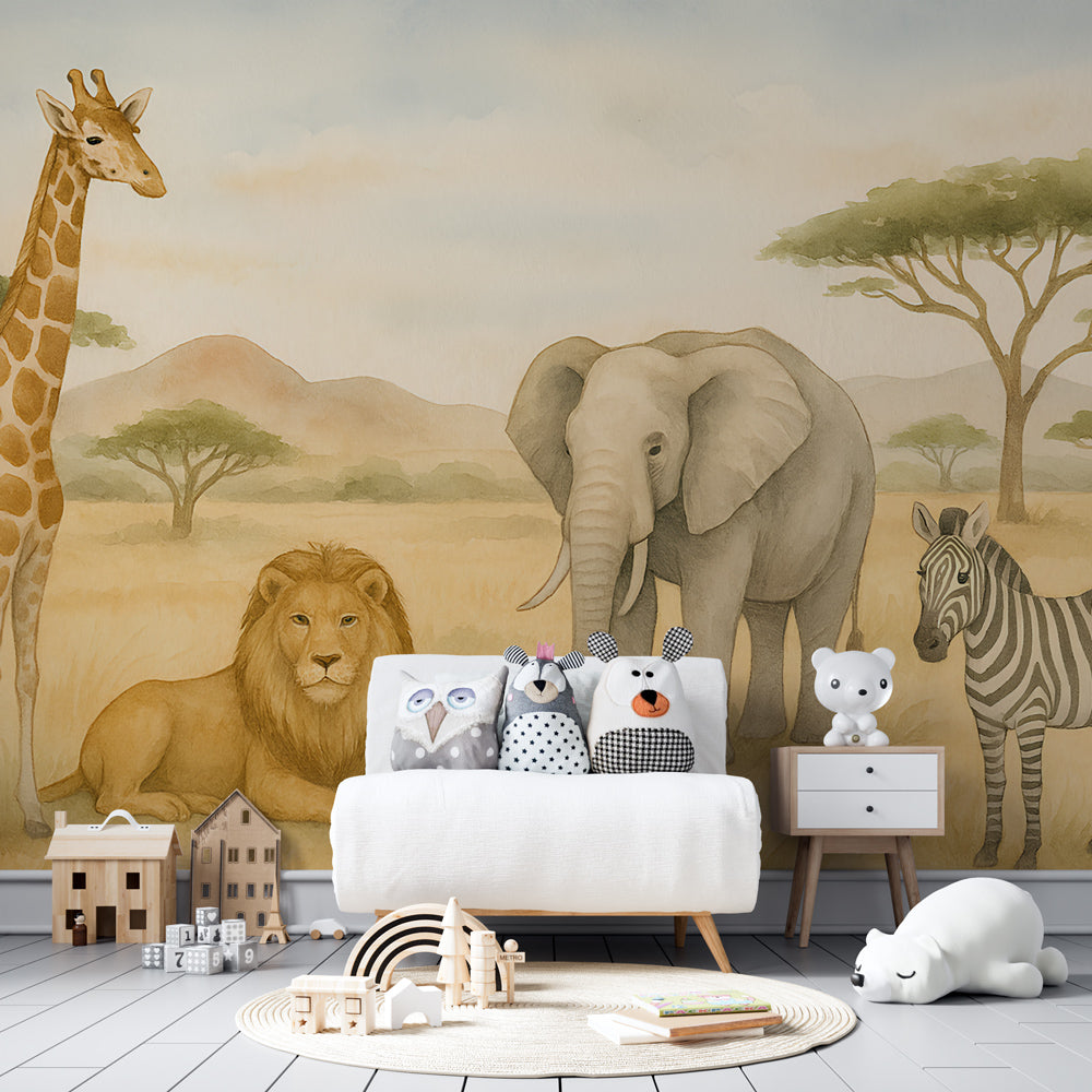African safari mural wallpaper transforming children's playroom into wildlife sanctuary