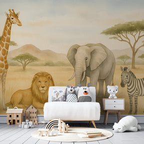 African safari mural wallpaper transforming children's playroom into wildlife sanctuary